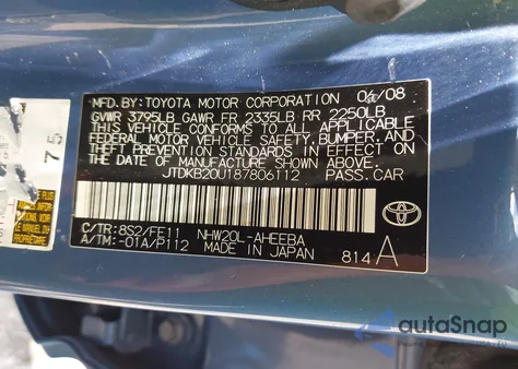 2008 Toyota Prius из США, поврежденный, VIN JTDKB20U187806112